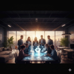 Business team reviewing crowdfunding and finance strategies with a digital funding interface in a modern office setting.