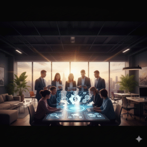 Business team reviewing crowdfunding and finance strategies with a digital funding interface in a modern office setting.