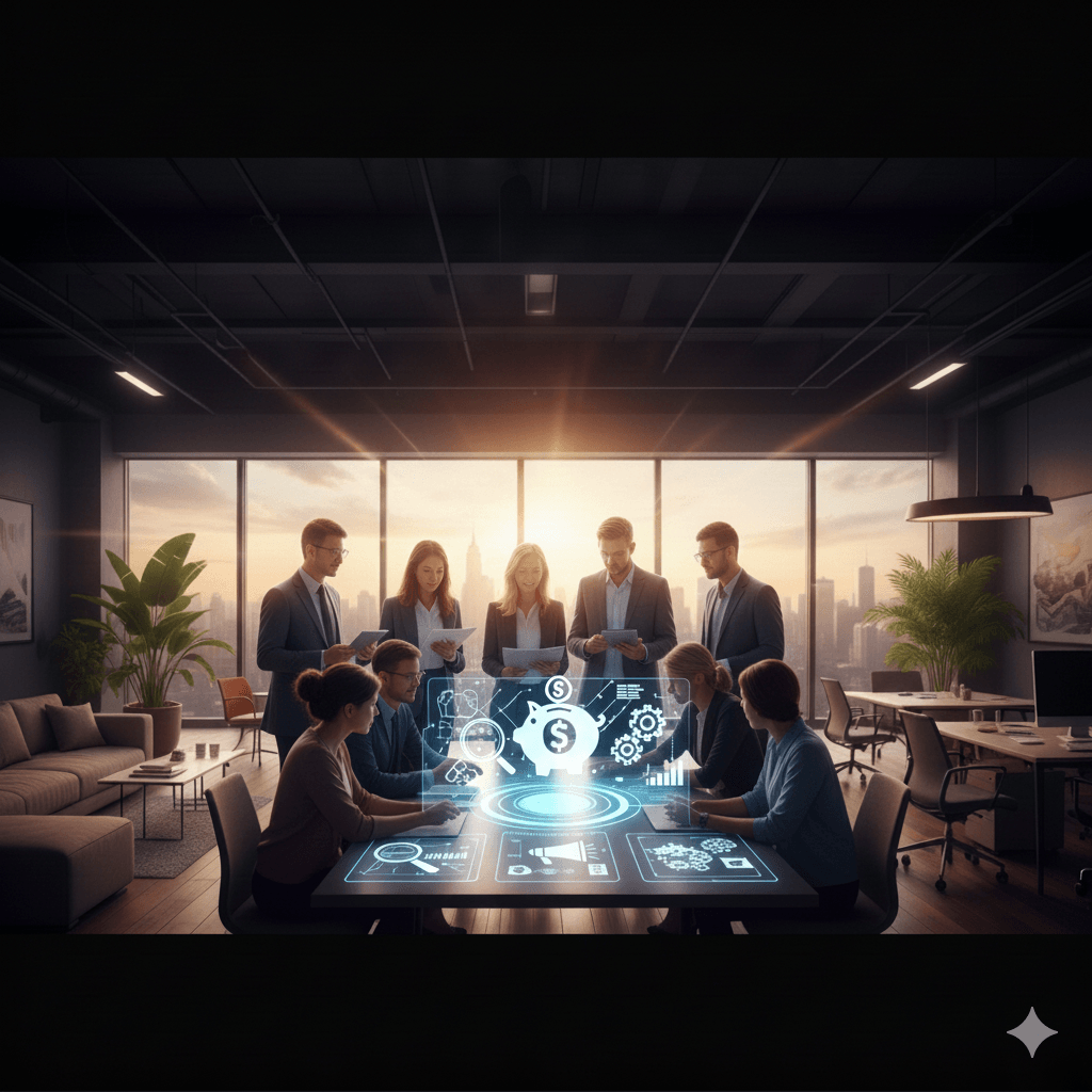 Business team reviewing crowdfunding and finance strategies with a digital funding interface in a modern office setting.