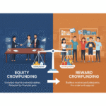 Visual comparison of equity crowdfunding and reward crowdfunding, showing ownership stakes vs. goods and perks for business fundraising.