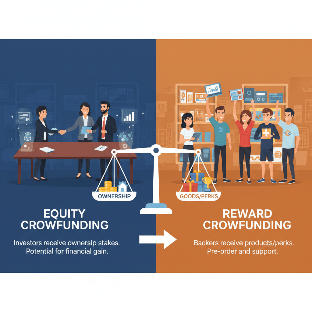 Visual comparison of equity crowdfunding and reward crowdfunding, showing ownership stakes vs. goods and perks for business fundraising.