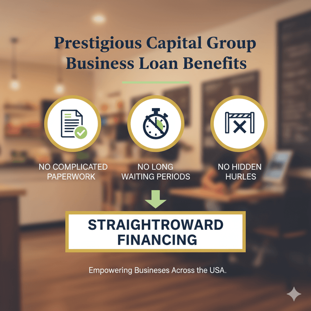 Infographic showing Prestigious Capital Group business loan benefits, including no complicated paperwork, no long waiting periods, no hidden hurdles, and straightforward financing.