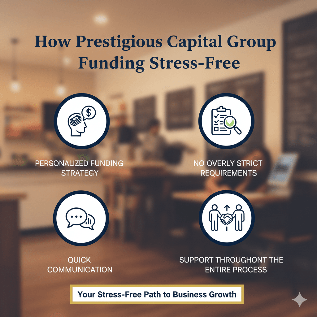 Infographic showing how Prestigious Capital Group makes business funding stress-free with personalized funding strategy, simple requirements, quick communication, and full support.