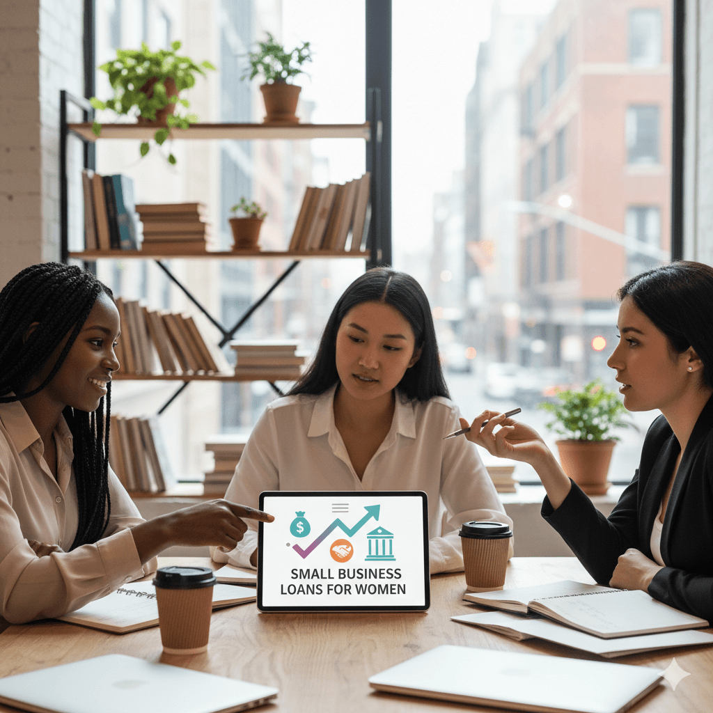 Three women entrepreneurs discussing funding options while reviewing a tablet screen that shows a graphic about small business loans for women.