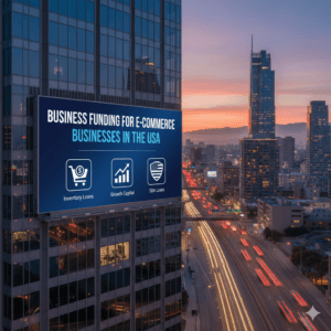 A large blue digital billboard on a modern city skyscraper at sunset displaying "Business Funding for E-Commerce Businesses in the USA" with icons for inventory loans, growth capital, and SBA loans.