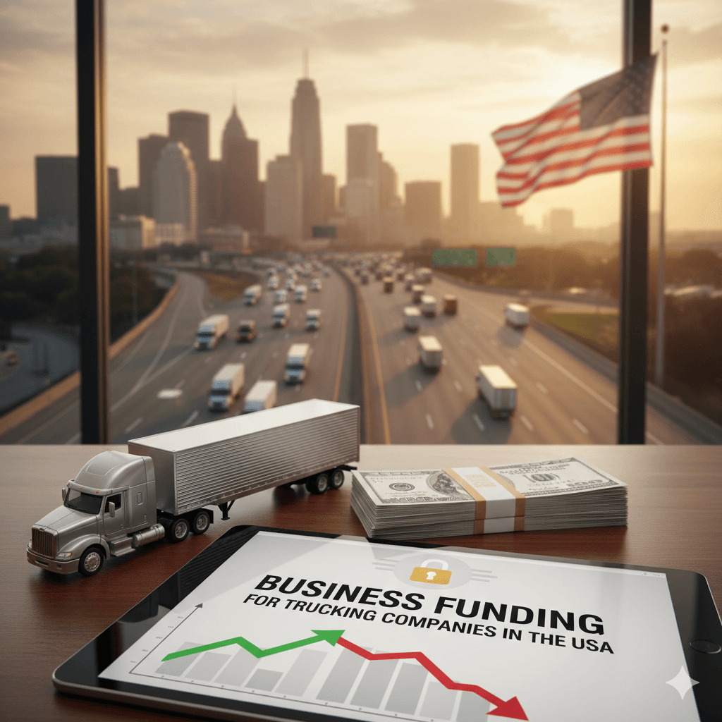 A professional semi-truck driving on a U.S. highway at sunset, representing business funding for trucking companies and freight financing solutions in the USA.