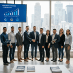 A diverse group of entrepreneurs and investors shaking hands in a modern office with a digital screen displaying "Minority Business Funding USA: Growth & Opportunity against a city skyline.