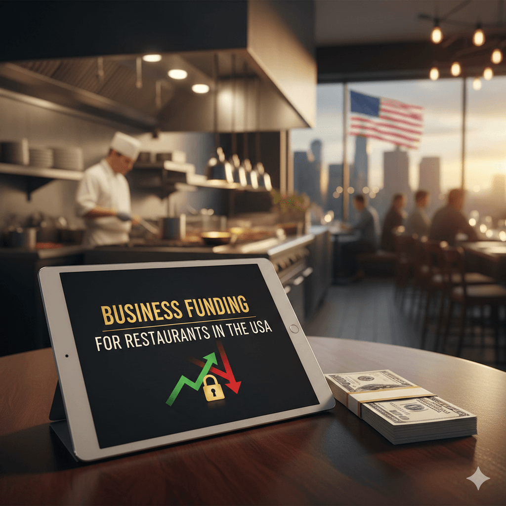 Business funding for restaurants in the USA shown on a tablet with cash stack inside a modern restaurant kitchen