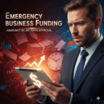 A worried businessman in a suit looking at a glowing tablet displaying a dollar sign, with "Emergency Business Funding" text, a fast-moving clock, and rising financial charts in the background.