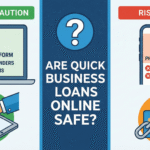 Illustration comparing the safety of quick business loans online, showing secure verified lenders on one side and risks like phishing, hidden fees, and unregulated websites on the other.