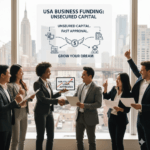 Business owners celebrating approval of unsecured business funding without collateral in the USA during a professional meeting.