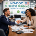Business owners shaking hands after approval of no-doc business funding options in the USA during a professional meeting.