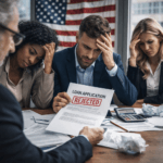 Frustrated business owners reviewing a loan application rejected notice during a funding meeting in the USA.