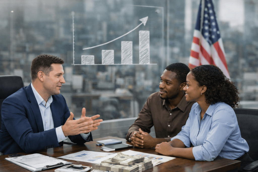 Business owners discussing business funding based on revenue with a financial advisor in a US office setting.