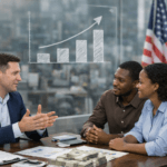 Business owners discussing business funding based on revenue with a financial advisor in a US office setting.