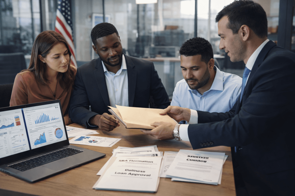 Business owners reviewing funding documents with an advisor for business funding for new LLCs in the USA.