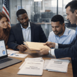 Business owners reviewing funding documents with an advisor for business funding for new LLCs in the USA.