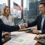 Business owner shaking hands with a funding advisor after qualifying for business funding quickly in the USA.