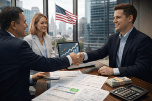 Business owner shaking hands with a funding advisor after qualifying for business funding quickly in the USA.